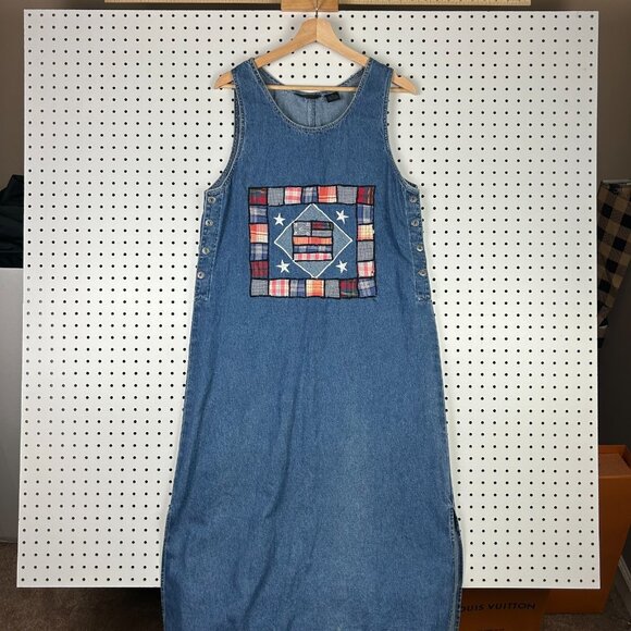 90s Denim Jean Dress Women's Medium Quilt Patchwork Stitched‎ USA Flag Red White - Picture 2 of 7